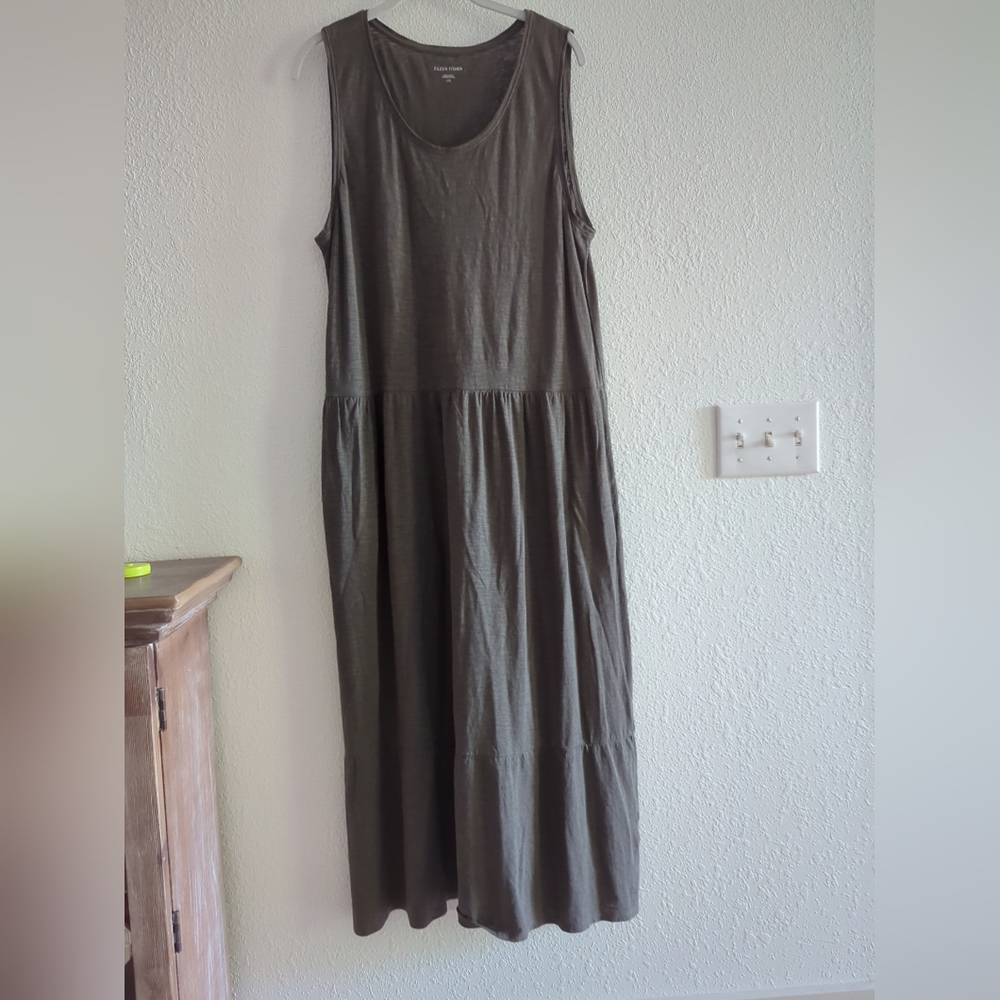 Eileen Fisher Organic Cotton Tiered Scoop Neck Dress in Seaweed Sz Large